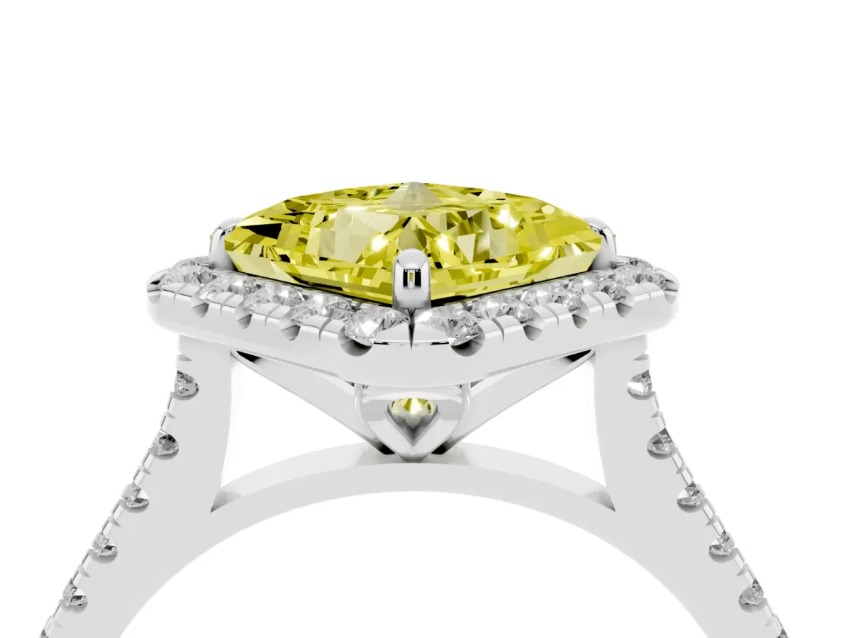 Fancy Yellow Princess Cut Diamond Cushion Halo Ring with Pavé Band White gold