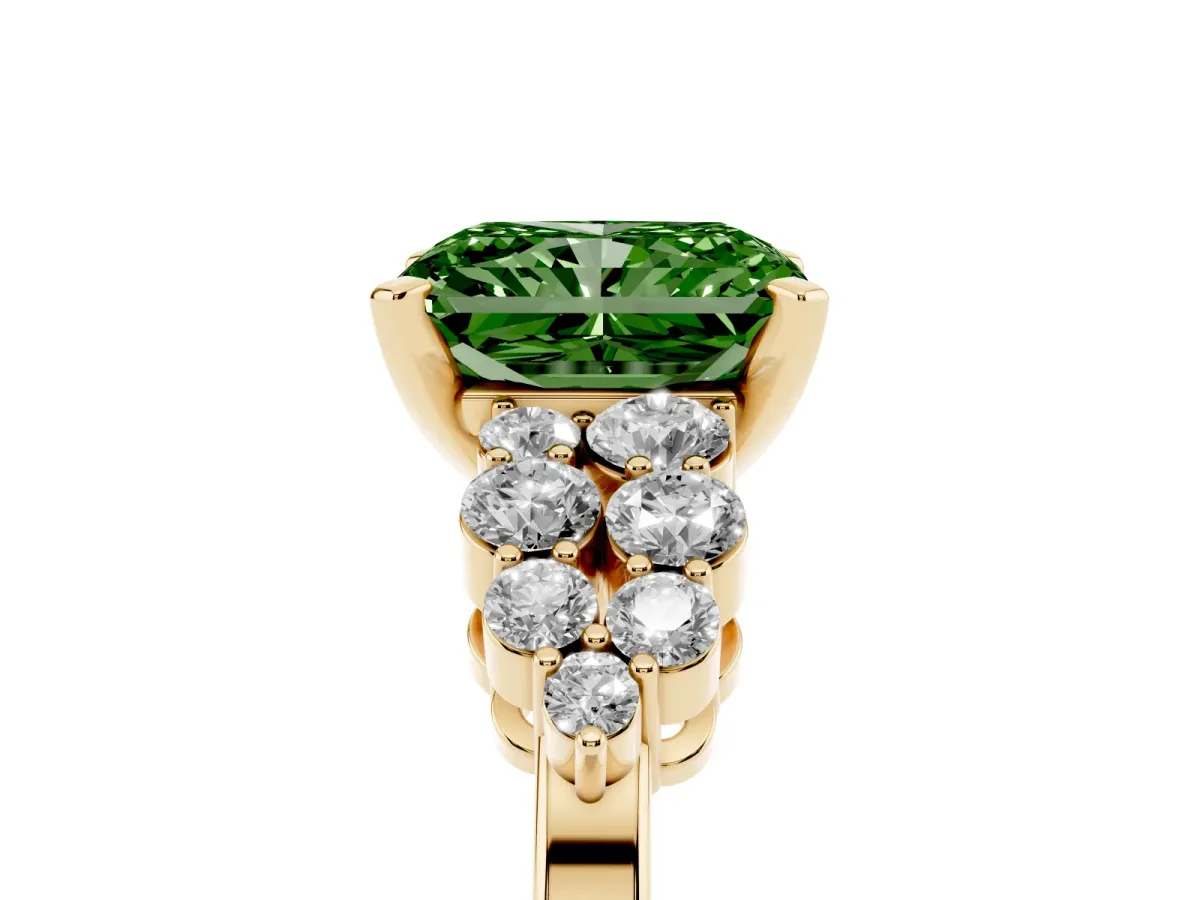 Fancy Green Radiant Cut Cluster Diamond Engagement Ring with Pavé Band and Four-Prong Setting Yellow gold