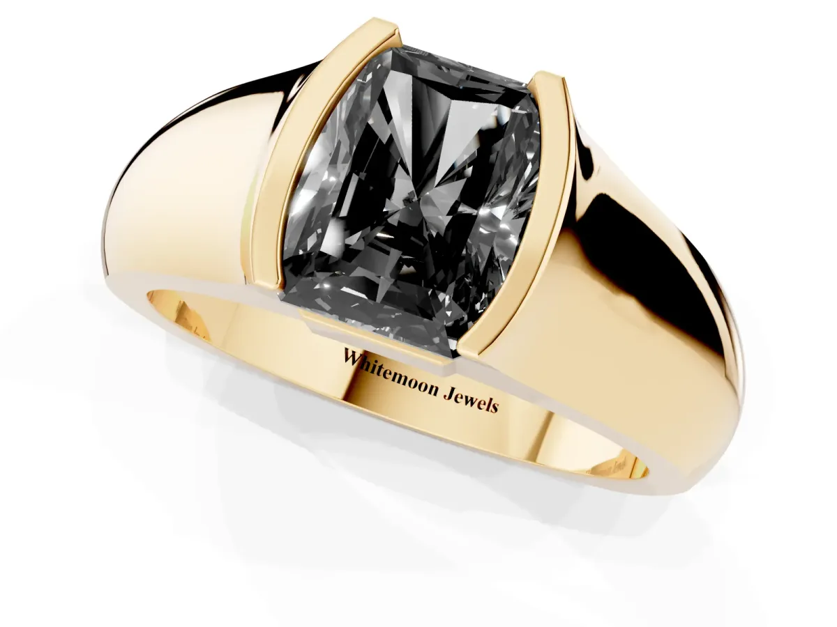Fancy Black Radiant Cut Solitaire Bezel Set Diamond Ring with Wide Band Yellow gold
