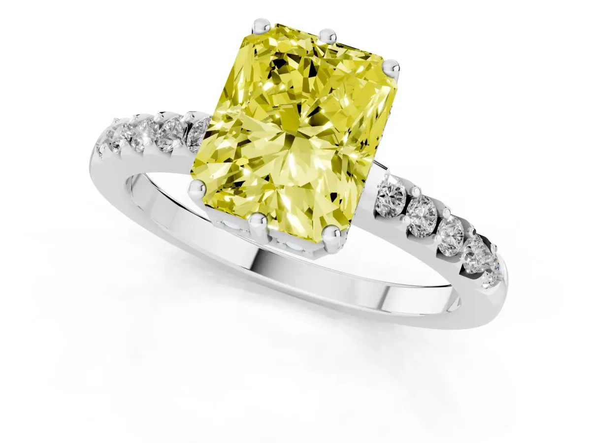Fancy Yellow Radiant Cut Solitaire Diamond Engagement Ring with Pavé Band and Six-Prong Setting White gold