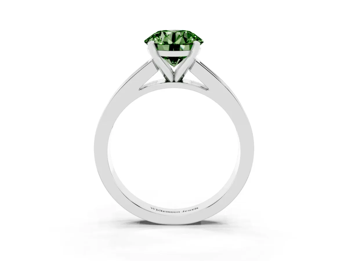 Fancy Green Round Cut Solitaire Diamond Ring with Channel-Set Band and Four-Prong Setting Silver