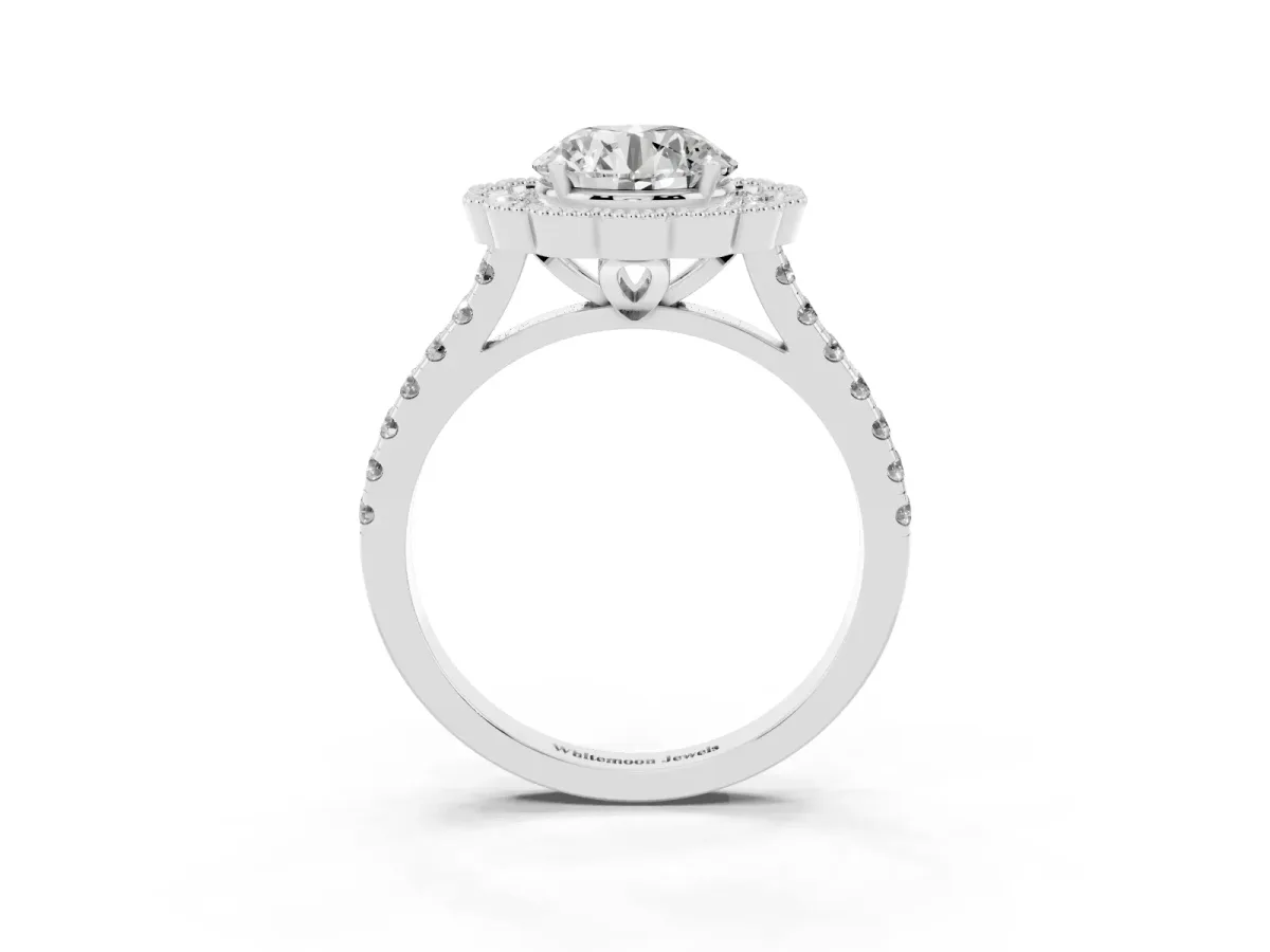 Round Cut Cut Diamond Milgrain Floral Halo Engagement Ring with Pavé Band White gold
