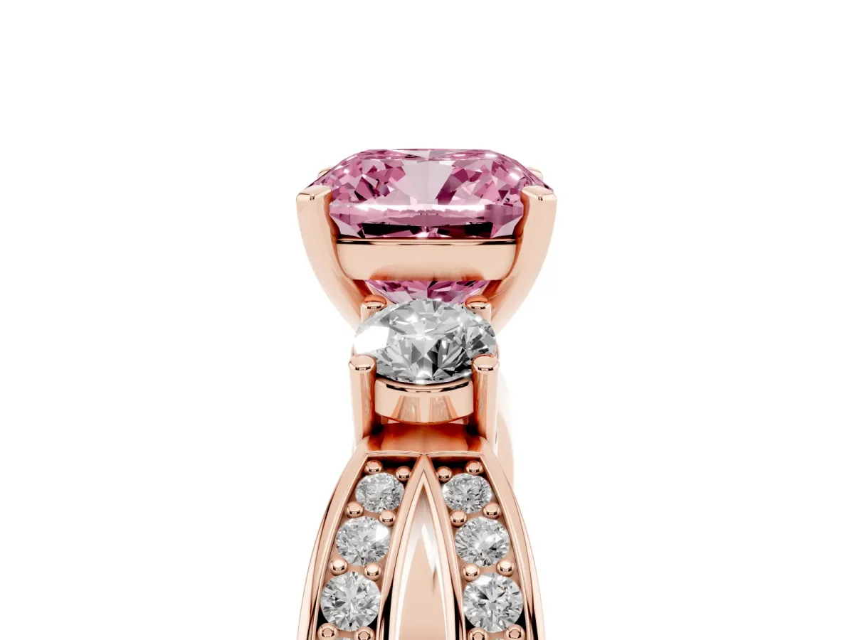 Fancy Pink Three-Stone Cushion Cut Cut Diamond Twist Band with Prong Setting Rose gold