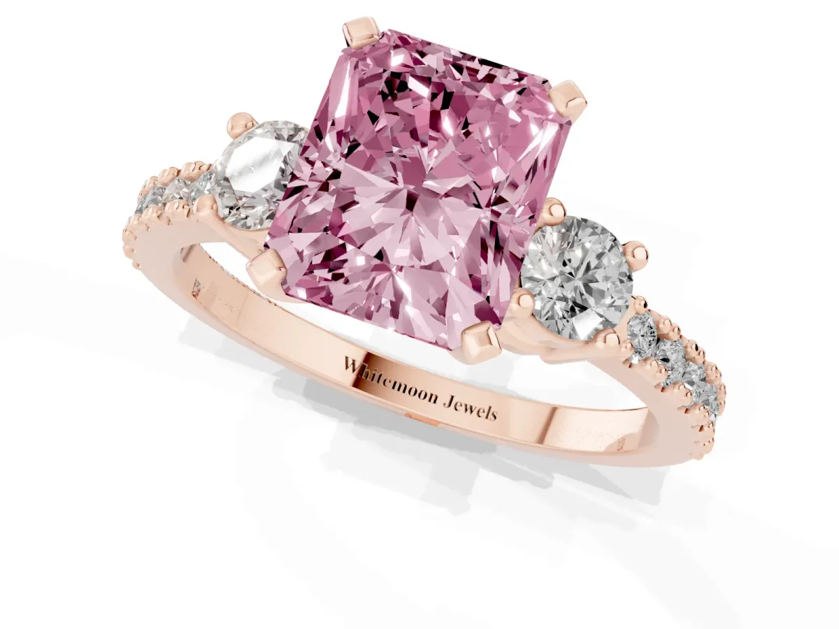 Fancy Pink Radiant Cut Three-Stone Diamond Pavé Band with Prong Setting Rose gold