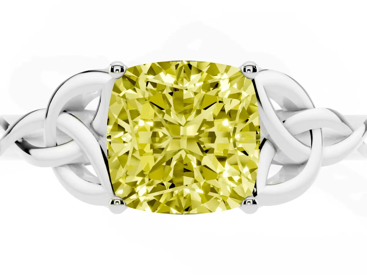 Fancy Yellow Cushion Cut Diamond Solitaire Engagement Ring with Celtic Knot Band and Four-Prong Setting Silver