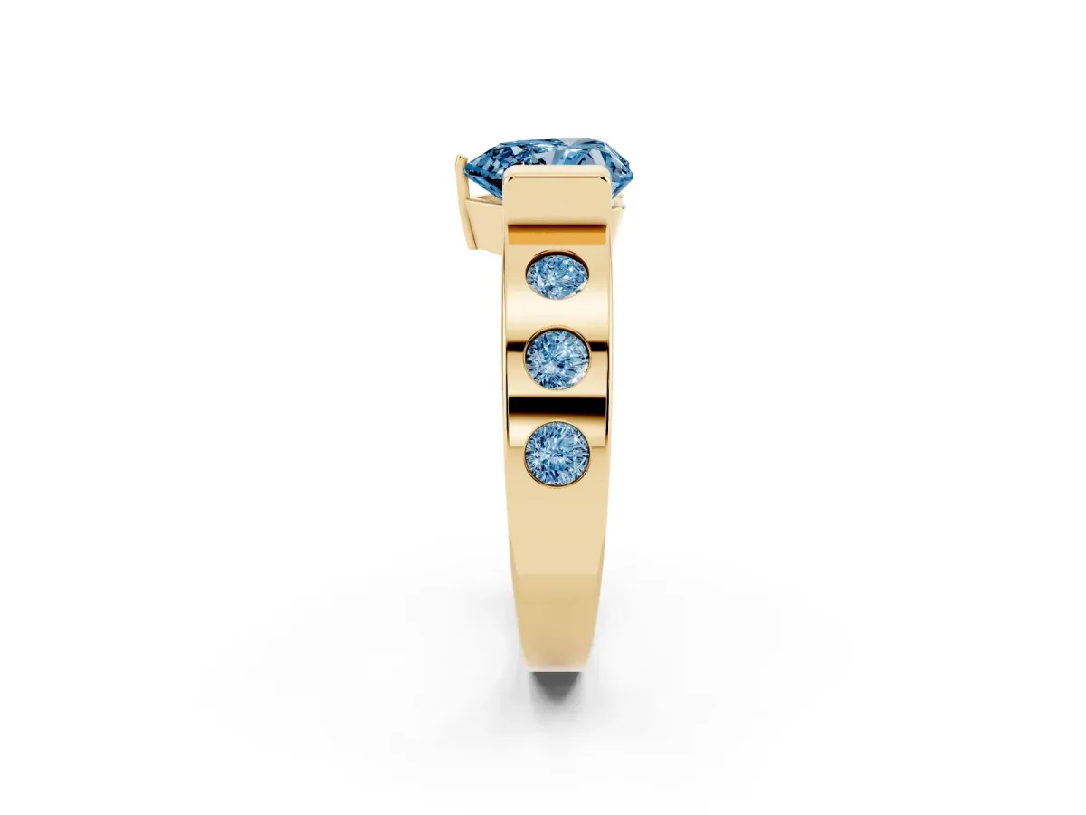 Fancy Blue Heart Cut Brilliant Channel-Set Diamond Ring with Bezel Prong Setting Yellow gold