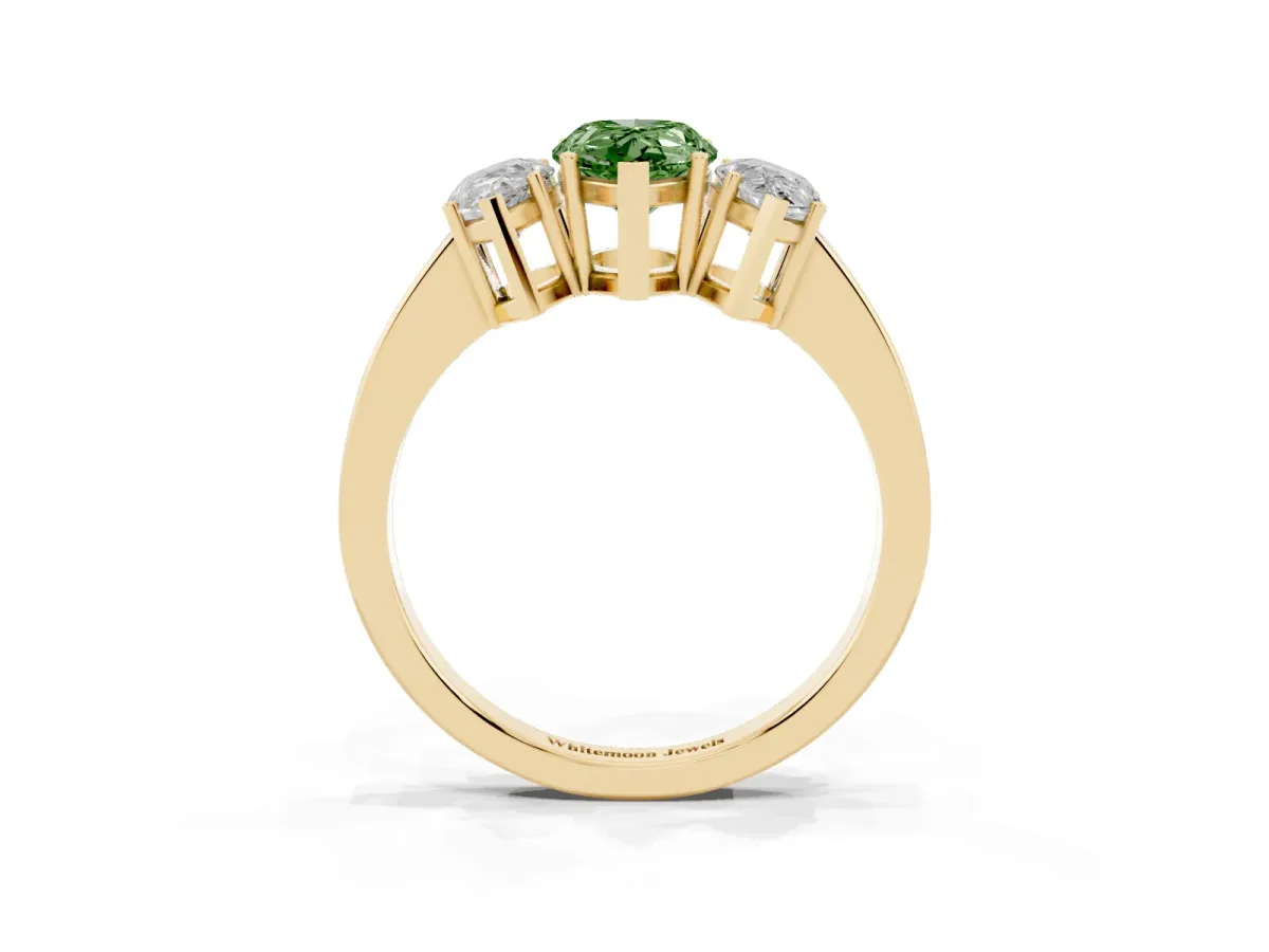 Fancy Green Three-Stone Pear Cut Cut Diamond Engagement Ring with Flat Band and Four-Prong Setting Yellow gold