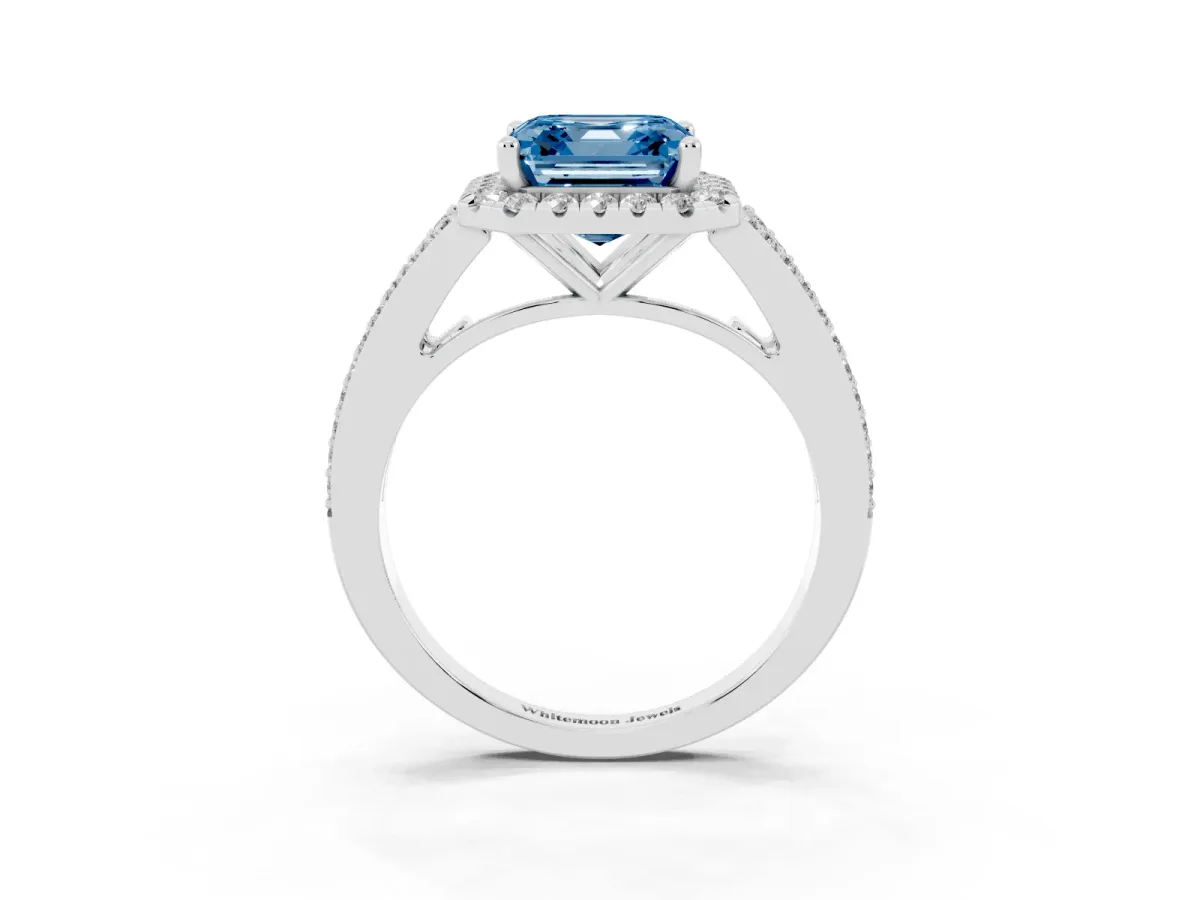 Fancy Blue Asscher Cut Halo Split Shank Diamond Ring with Prong Setting Platinum