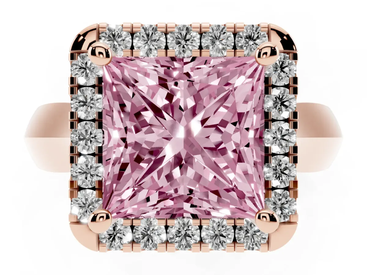 Fancy Pink Princess Cut Cut Halo Solitaire Engagement Ring with Square Band and Four-Prong Setting Rose gold