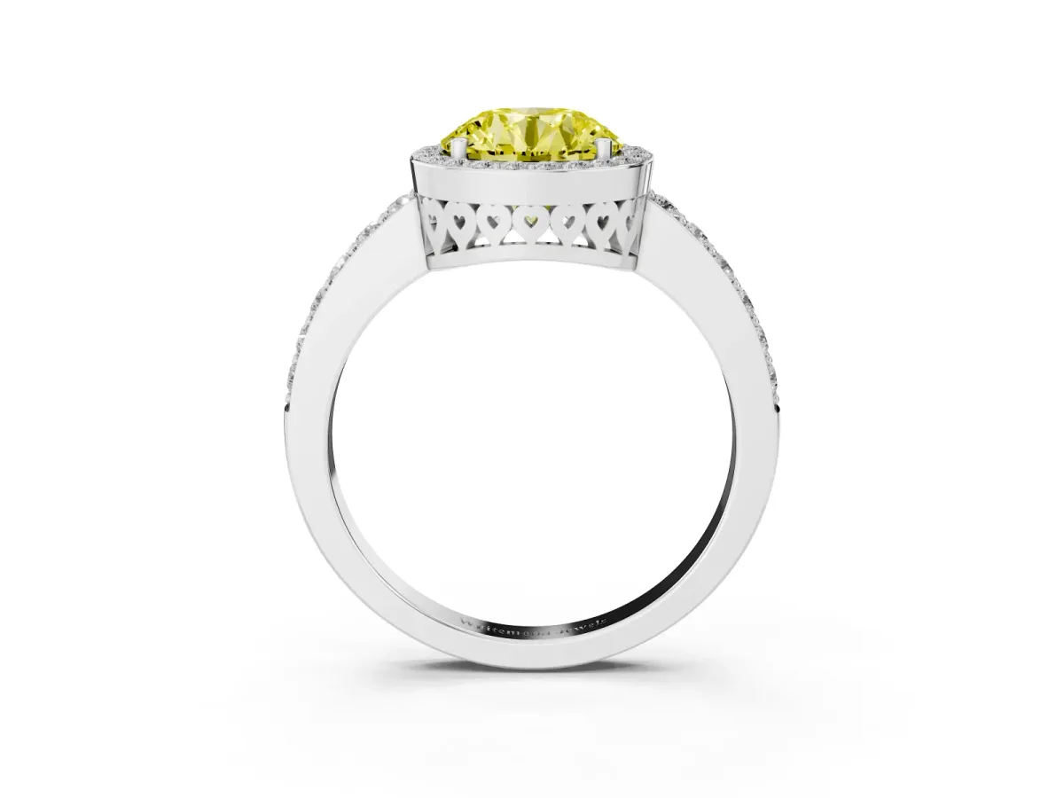 Fancy Yellow Round Cut Halo Diamond Pavé Band Ring with Prong Setting Silver
