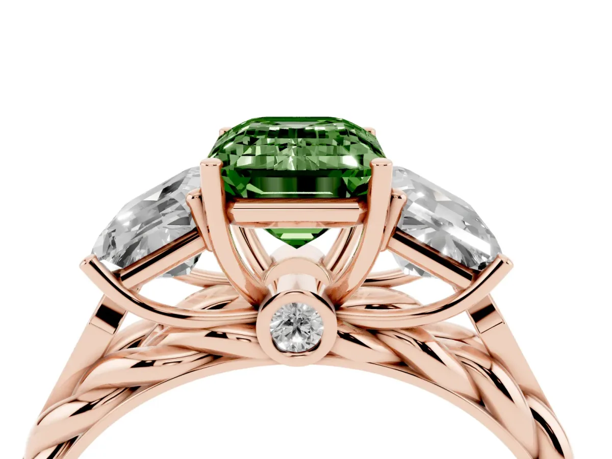 Fancy Green Three-Stone Emerald Cut Diamond Braided Band Ring with Four-Prong Setting Rose gold