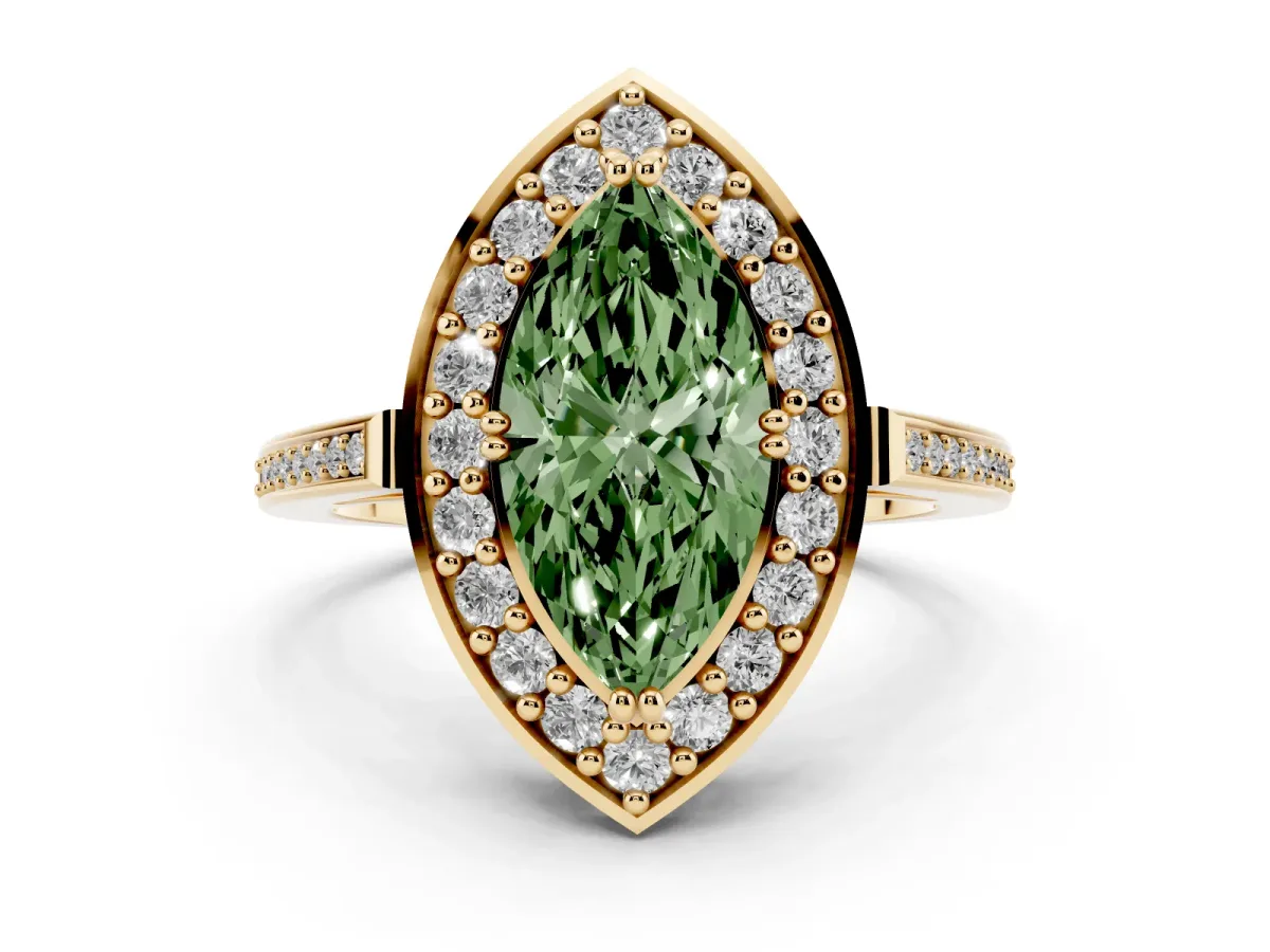 Fancy Green Marquise Cut Diamond Halo Ring with Split Shank and Four-Prong Setting Yellow gold