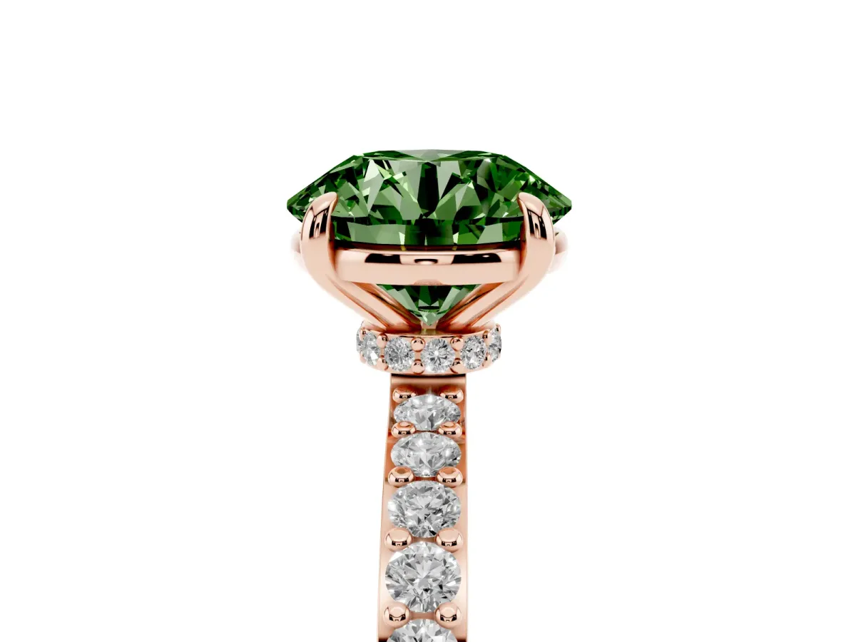 Fancy Green Round Cut Diamond Pavé Engagement Ring with Round Accents and Prong Setting Rose gold