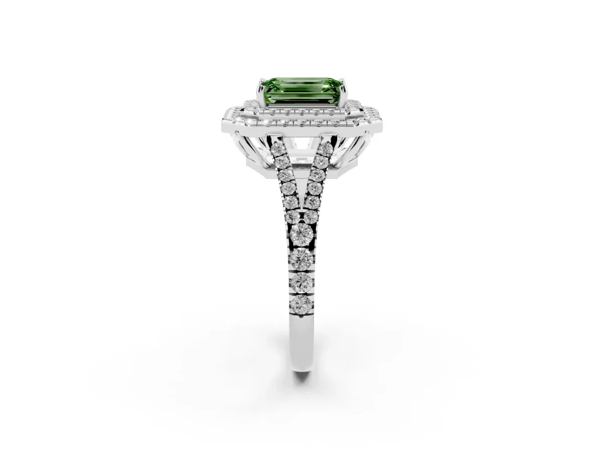 Fancy Green Emerald Cut Diamond Double Halo Ring with Pavé Band and Prong Setting Silver