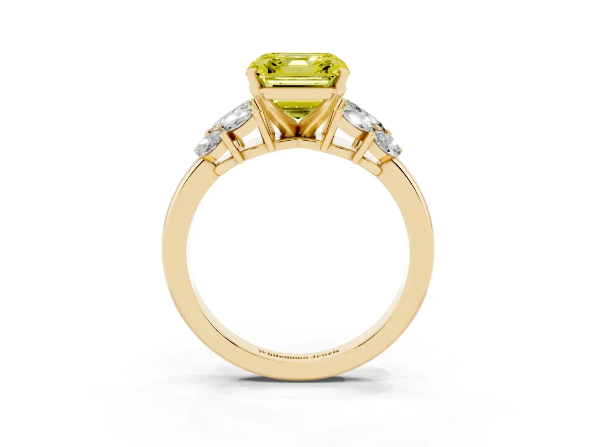 Fancy Yellow Asscher Cut Diamond Cluster Leaf Design Ring with Prong Setting Yellow gold