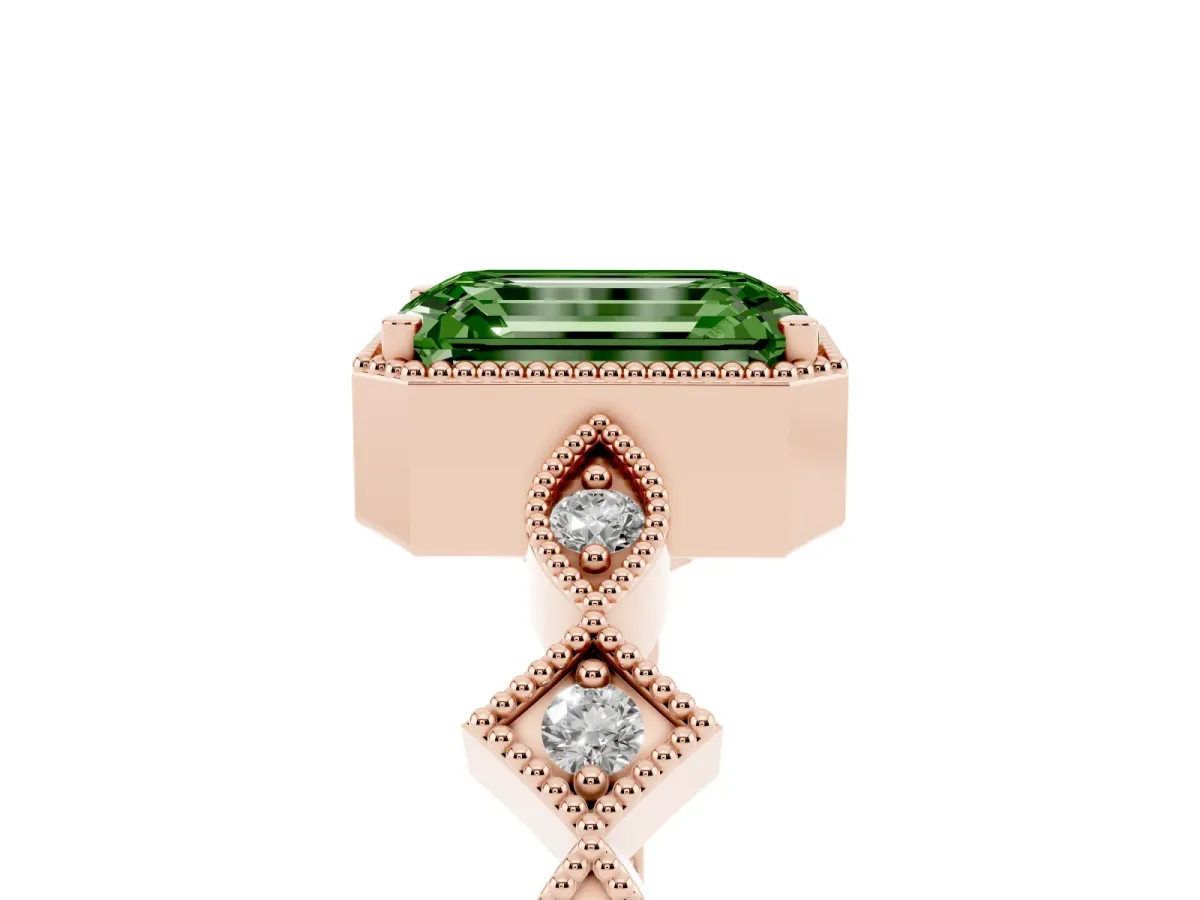 Fancy Green Emerald Cut Milgrain Marquise Diamond Twist Band Ring Rose gold