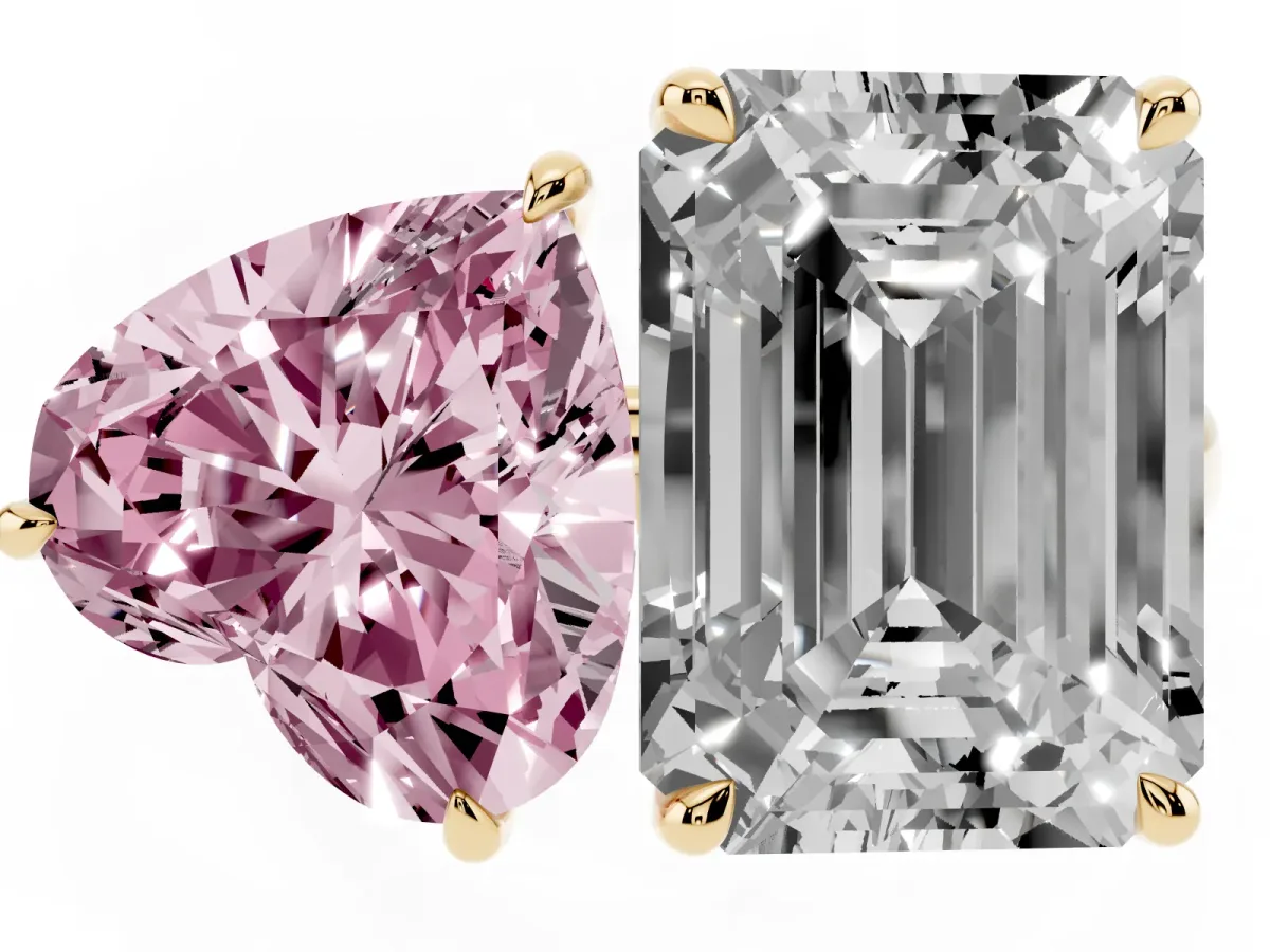 Fancy Pink Heart Cut and Emerald Cut Toi Moi Ring with Prong Setting Yellow gold