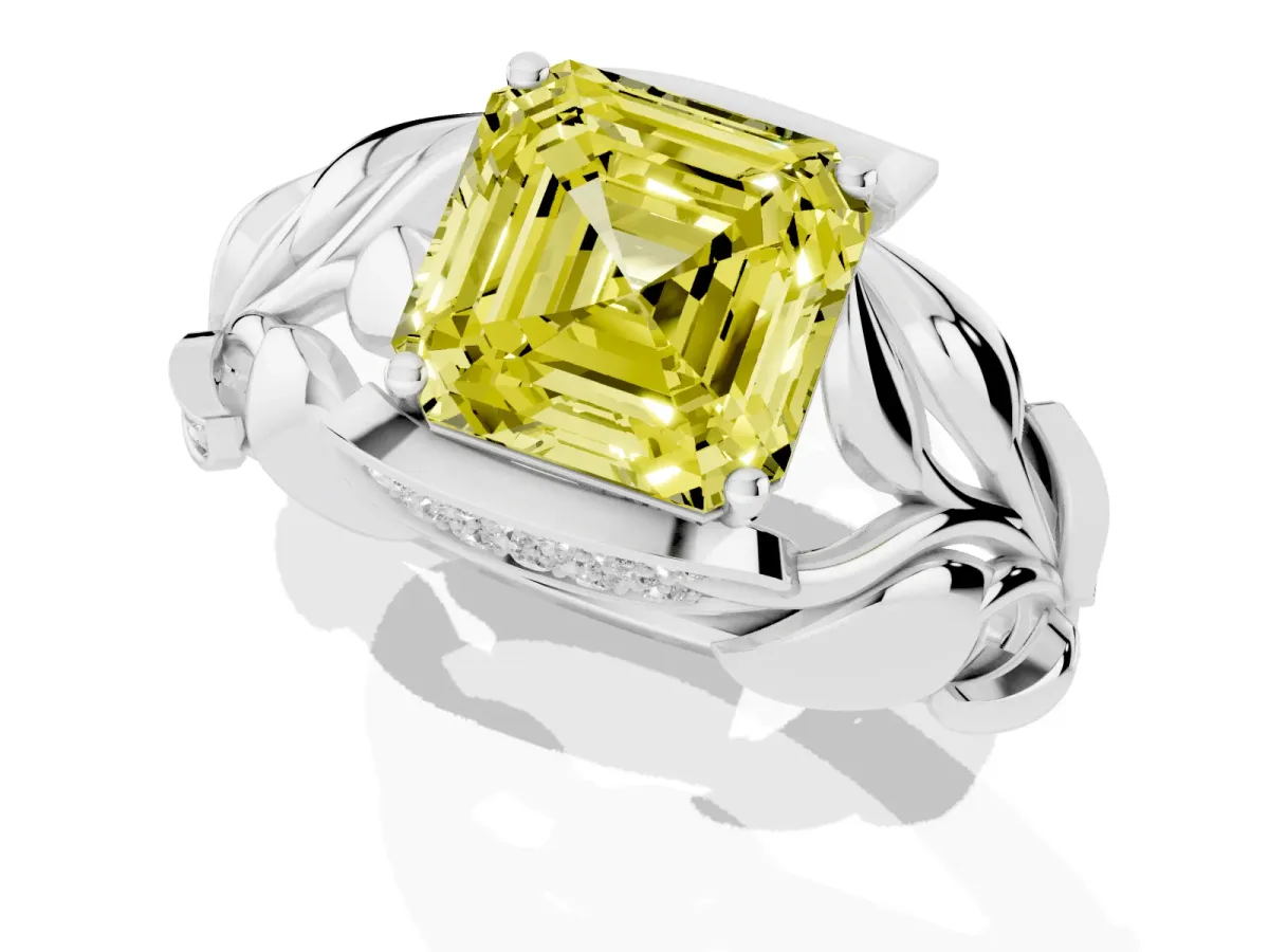 Fancy Yellow Asscher Cut Diamond Leaf-Inspired Engagement Ring with Round Accents and Prong Setting White gold