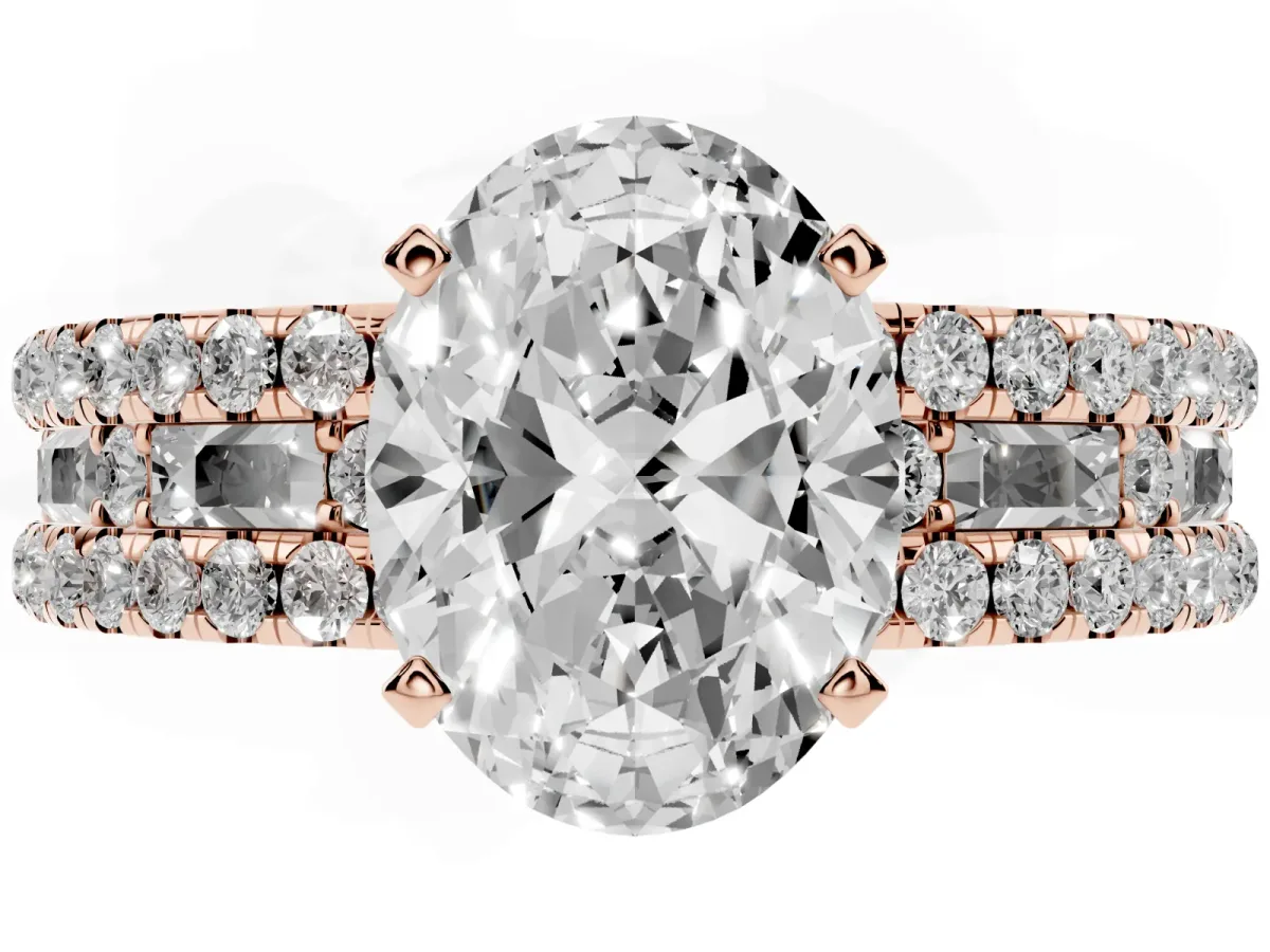 Oval Cut Diamond Solitaire Ring with Pavé and Channel Set Band Rose gold