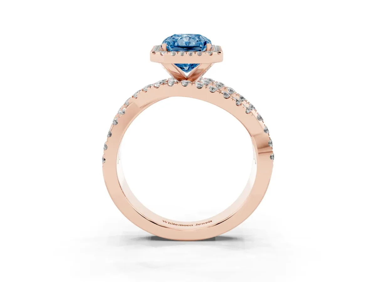 Fancy Blue Radiant Cut Diamond Halo Ring with Round Split Shank and Prong Setting Rose gold