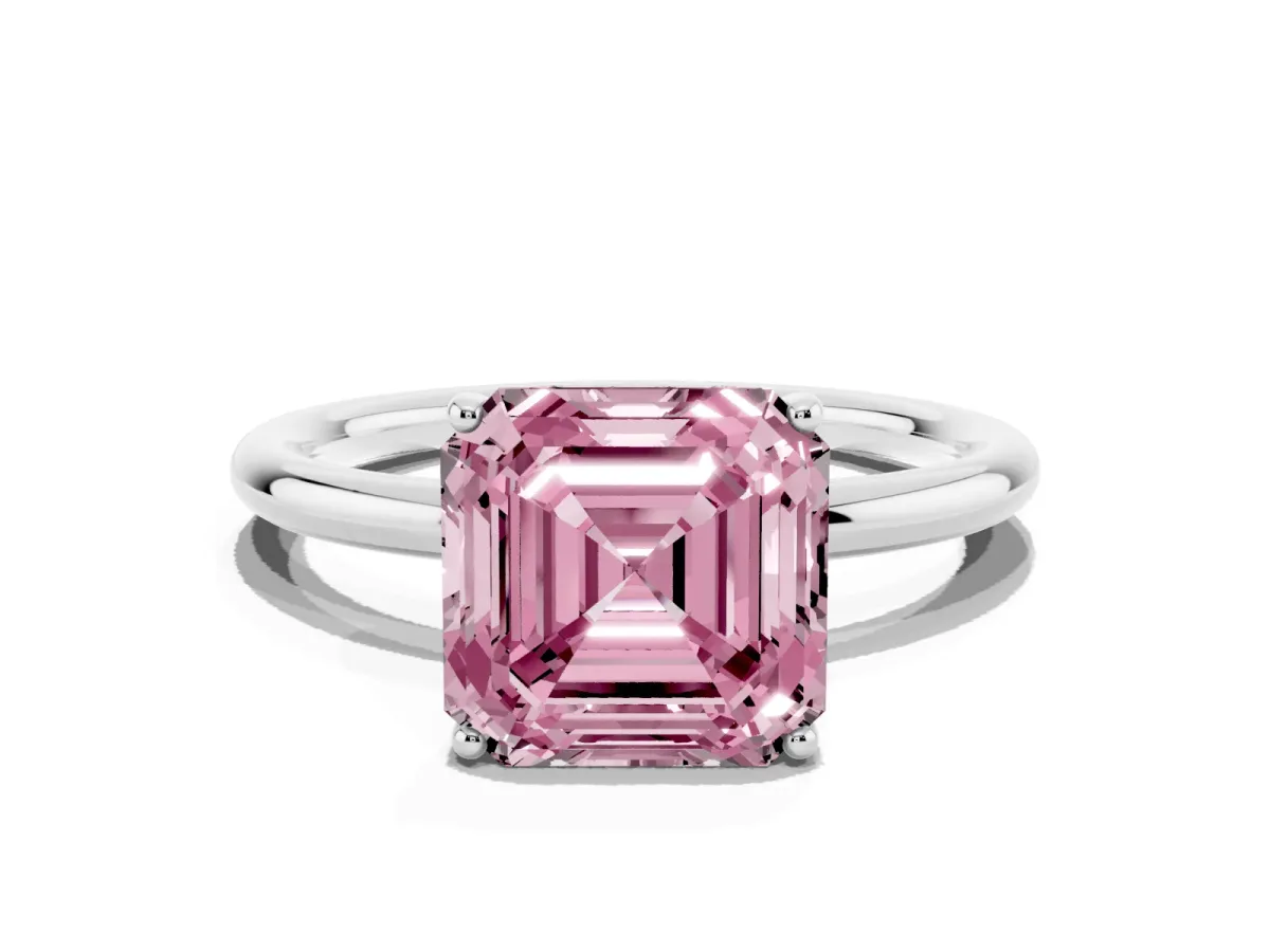 Fancy Pink Asscher Cut Solitaire Diamond Ring with a Classic Band and Four-Prong Setting Silver