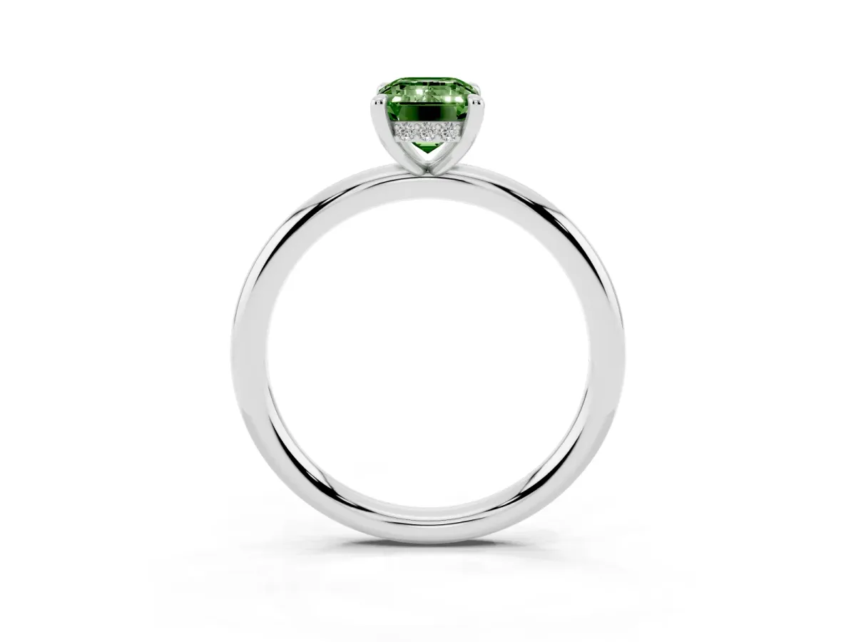 Fancy Green Emerald Cut Diamond Solitaire Ring with Thin Band and Four-Prong Setting Silver
