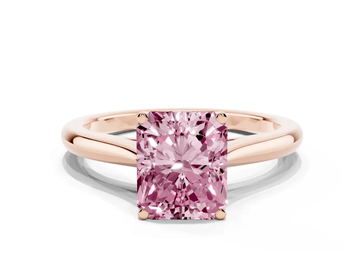 Fancy Pink Radiant Cut Cut Solitaire Ring with Cathedral Band and Four-Prong Setting Rose gold