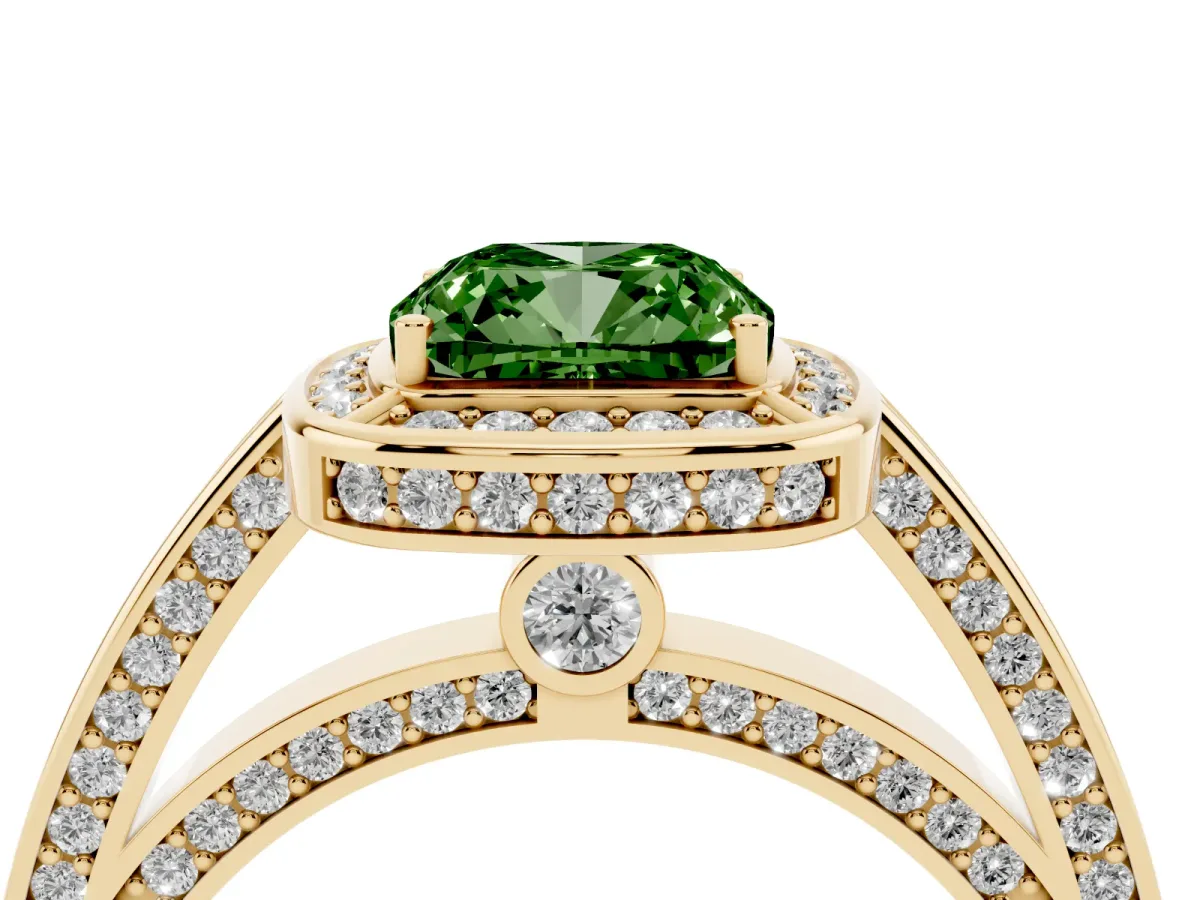 Fancy Green Cushion Cut Cut Halo Pave Split Shank Prong Setting Ring Yellow gold