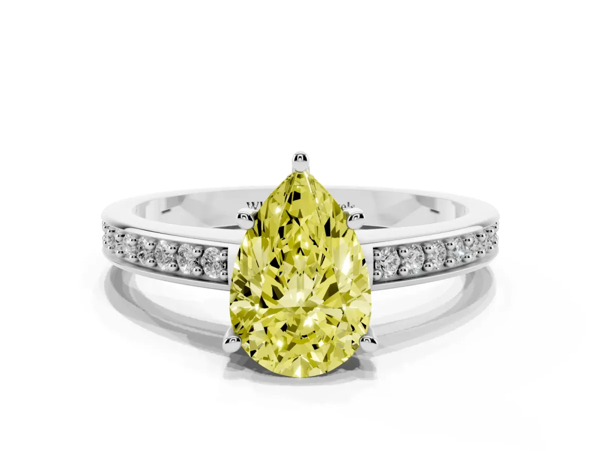 Fancy Yellow Pear Cut Solitaire Pavé Band Prong Setting Ring Silver
