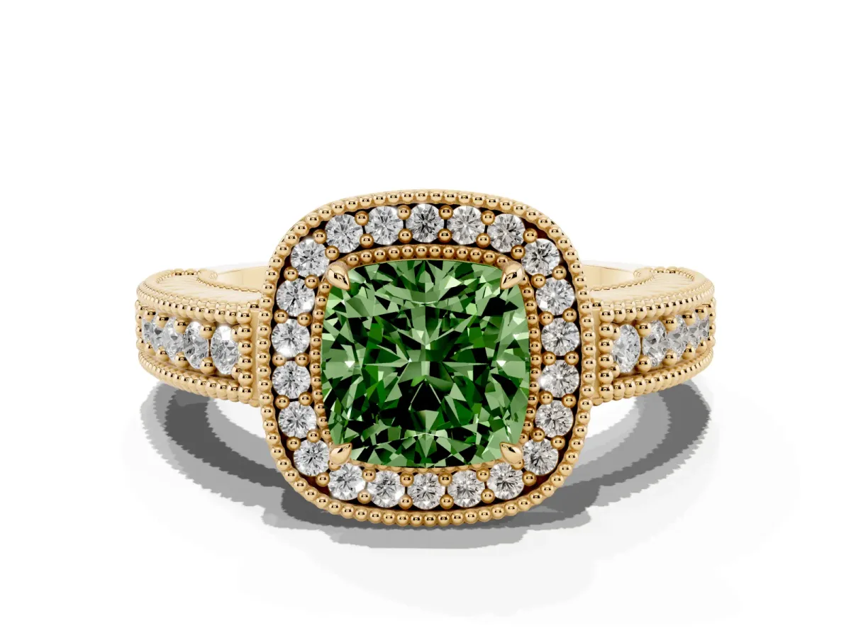 Fancy Green Cushion Cut Cut Halo Diamond Ring with Pavé Band and Four-Prong Setting Yellow gold