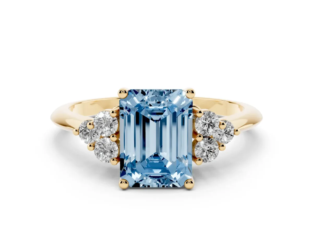 Fancy Blue Emerald Cut Cut Diamond Cluster Ring with Solitaire Band and Four-Prong Setting Yellow gold