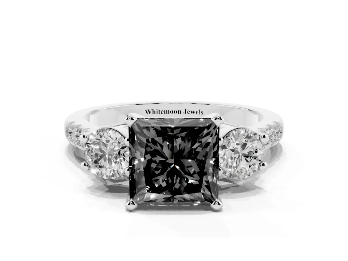 Fancy Black Three-Stone Princess Cut Diamond Pavé Band with Four-Prong Setting Silver