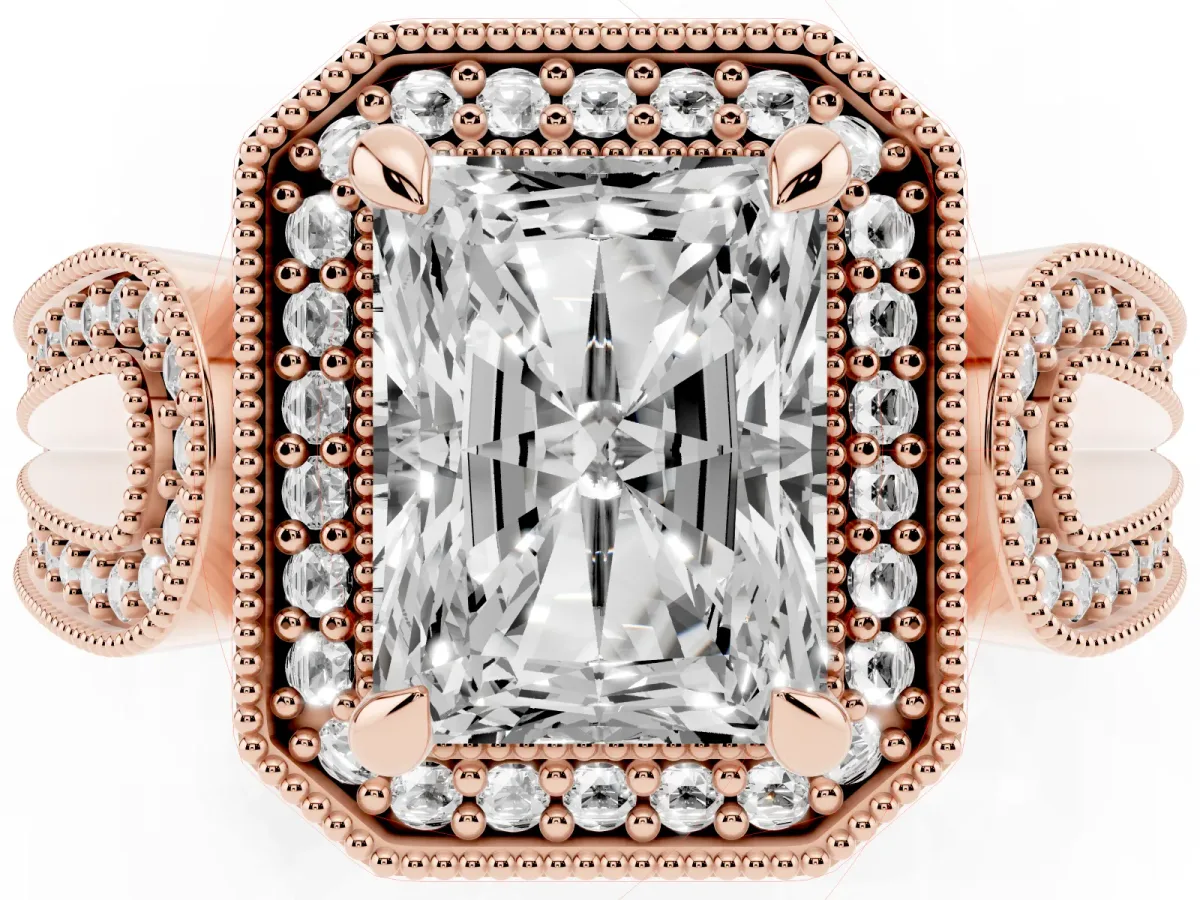 Radiant Cut Halo Split Shank Milgrain Diamond Ring Rose gold