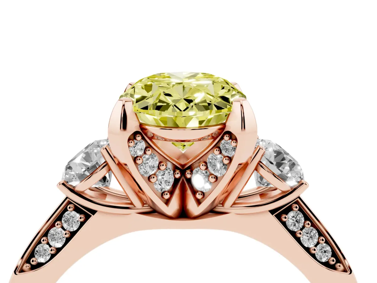 Fancy Yellow Oval Cut Brilliant Three-Stone Diamond Ring with Pavé Band and Four-Prong Setting Rose gold