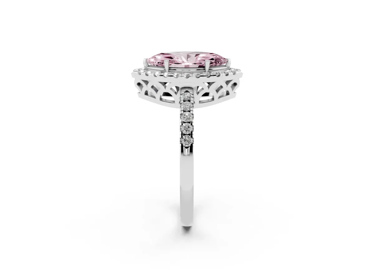 Fancy Pink Marquise Cut Halo Diamond Engagement Ring with Pavé Band and Four-Prong Setting Silver