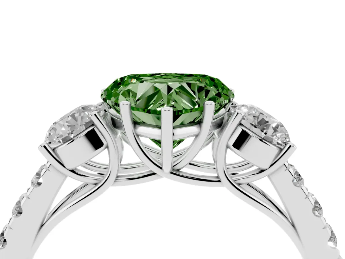 Fancy Green Heart Cut Cut Diamond Three-Stone Ring with Round Side Stones and Pavé Band White gold