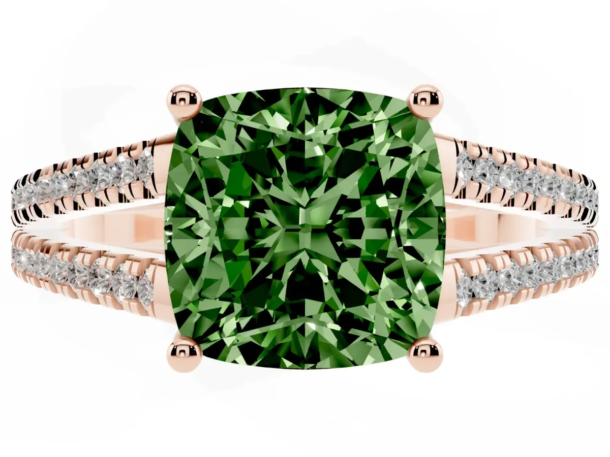 Fancy Green Cushion Cut Diamond Solitaire Engagement Ring with Split Shank Pavé Band Rose gold