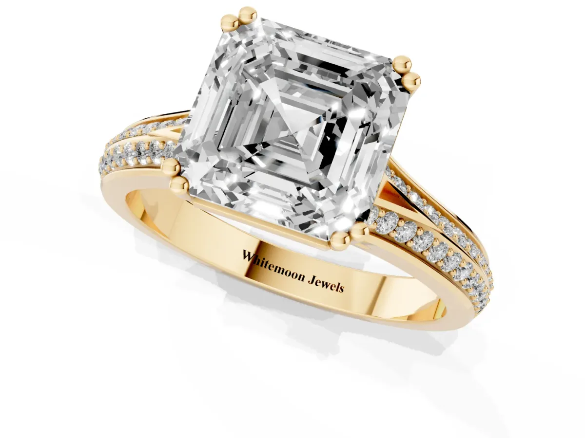 Asscher Cut Diamond Split Shank Engagement Ring with Pavé Band Yellow gold