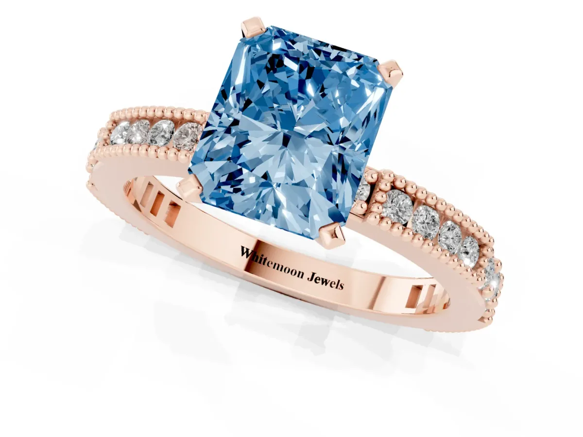 Fancy Blue Radiant Cut Solitaire with Pavé Band and Four-Prong Setting Rose gold