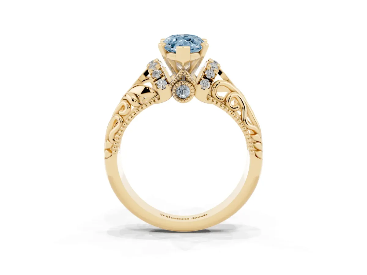 Fancy Blue Marquise Cut Solitaire Filigree Engagement Ring with Halo and Prong Setting Yellow gold