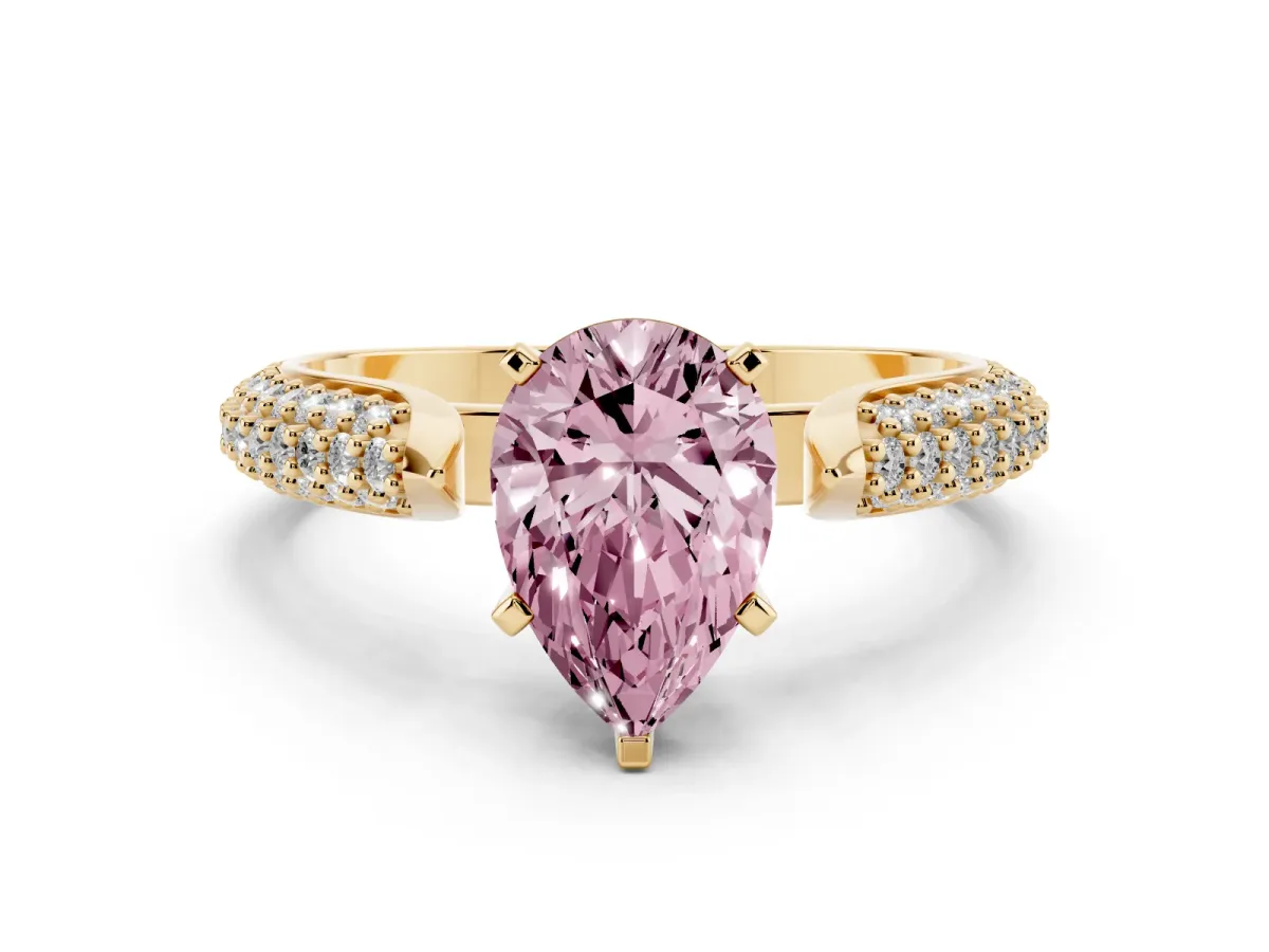 Fancy Pink Pear Cut Diamond Solitaire Engagement Ring with Multi-Row Round Pavé Band and Prong Setting Yellow gold
