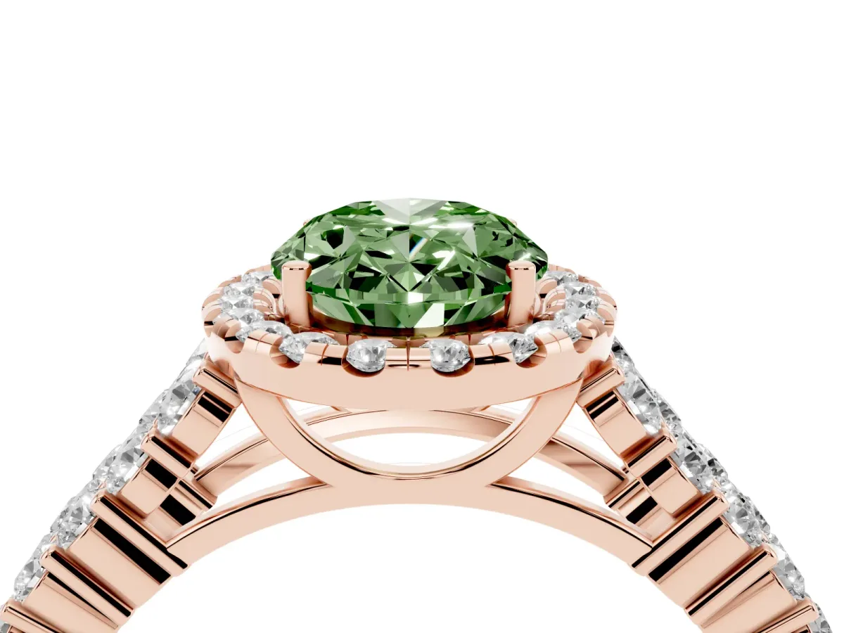 Fancy Green Oval Cut Diamond Halo Engagement Ring with Triple Row Round Pavé Band and Prong Setting Rose gold