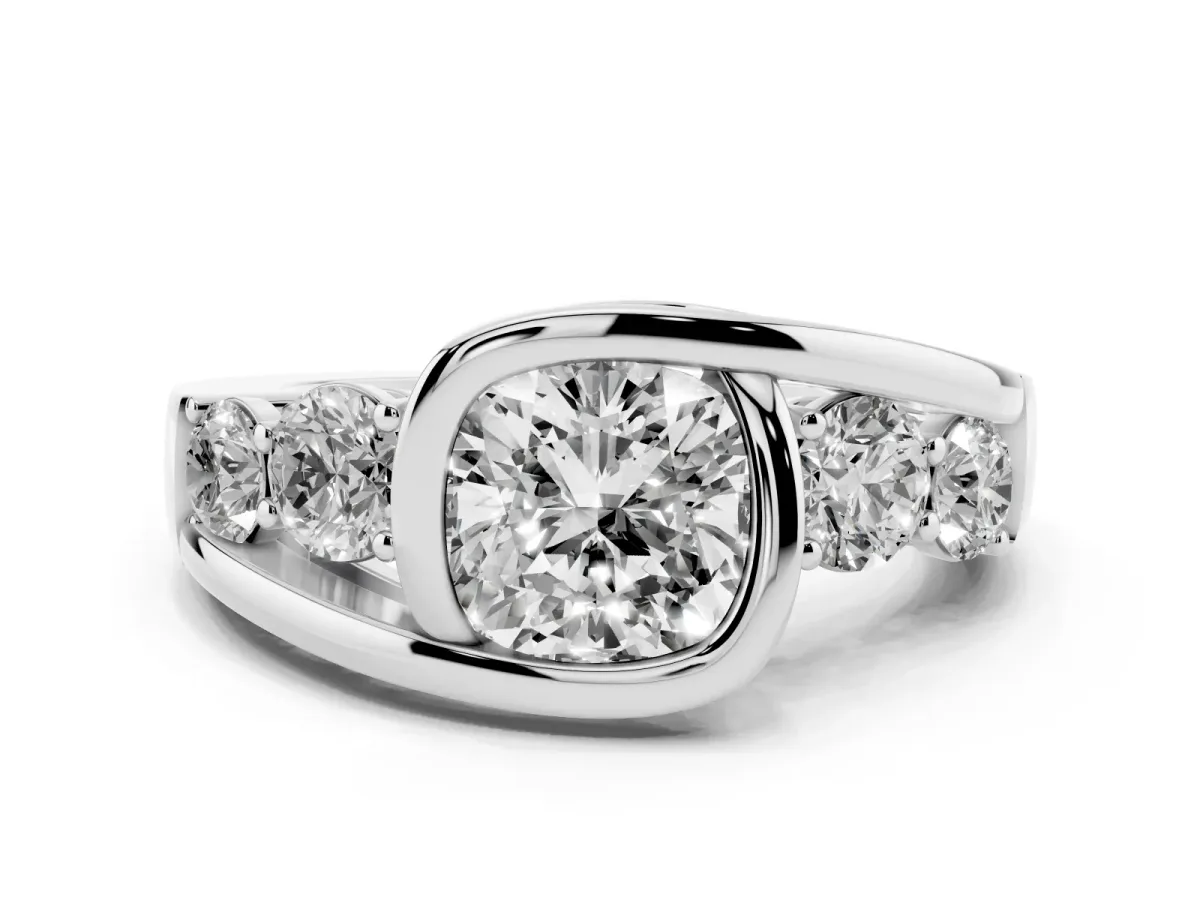 Bezel Set Cushion Cut Diamond Bypass Ring with Round Accents Silver