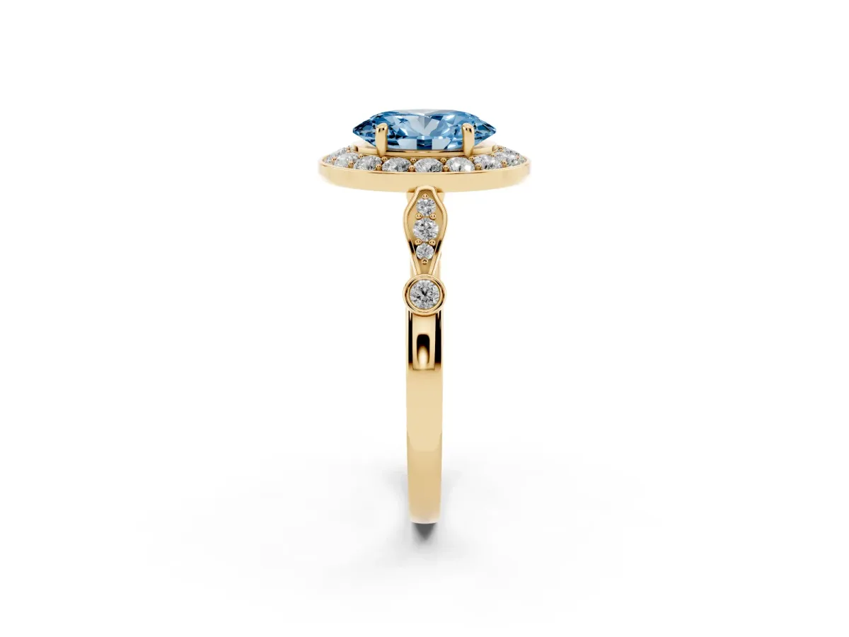 Fancy Blue Oval Cut Halo Diamond Engagement Ring with Twisted Band and Four-Prong Setting Yellow gold