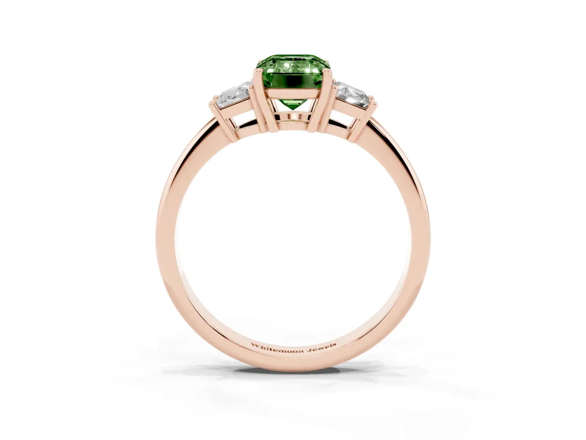 Fancy Green Emerald Cut Diamond Three-Stone Ring with Trapezoid Side Stones and Prong Setting Rose gold