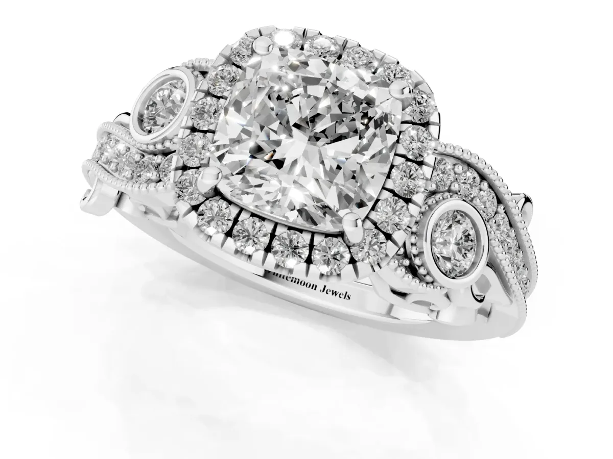 Cushion Cut Diamond Halo Ring with Milgrain Pavé Band and Four-Prong Setting White gold
