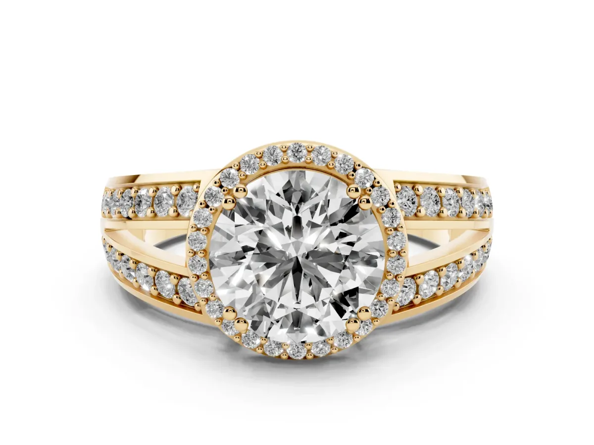 Round Cut Diamond Halo Ring with Split Shank Pavé Band and Four-Prong Setting Yellow gold