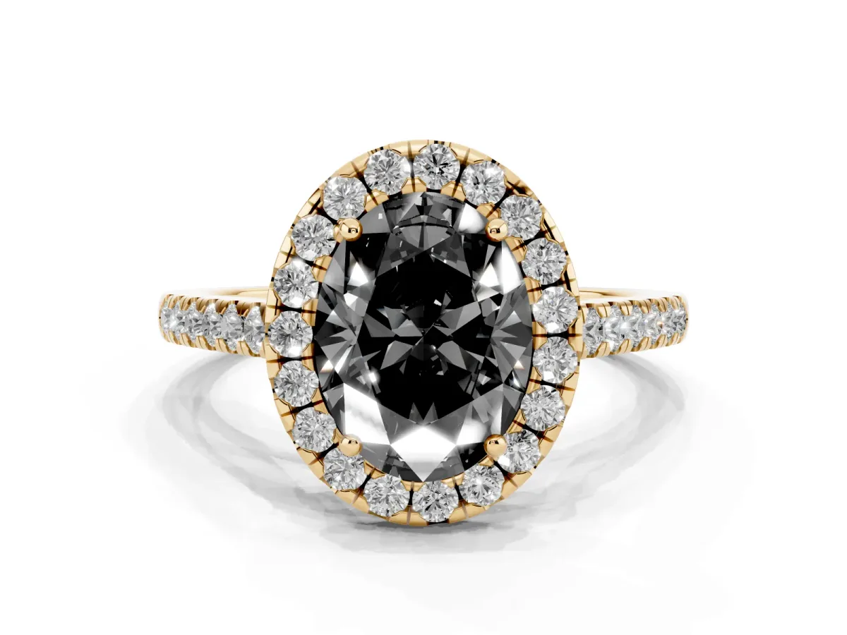 Fancy Black Oval Cut Halo Pave Diamond Engagement Ring with Four-Prong Setting Yellow gold