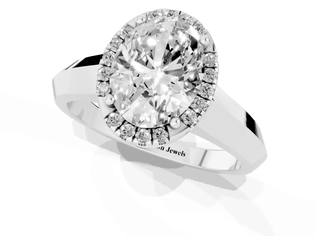 Oval Cut Halo Diamond Ring with Cathedral Band and Four-Prong Setting Silver