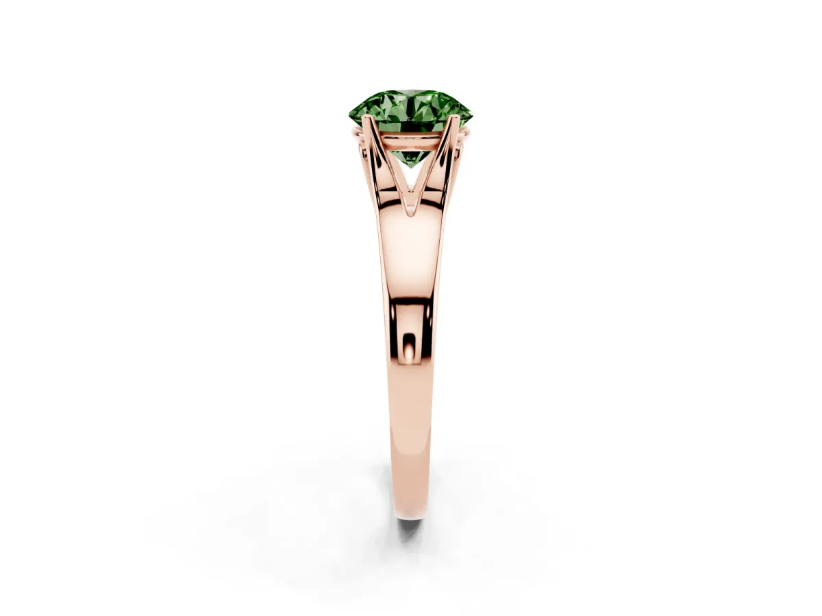 Fancy Green Round Cut Solitaire Diamond Ring with Cathedral Band and Four-Prong Setting Rose gold